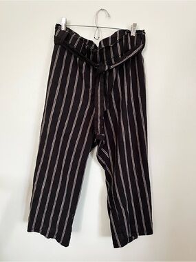 J. Jill Black Linen-Blend Vertical Stripe Pants Relaxed Summer Belted Cropped